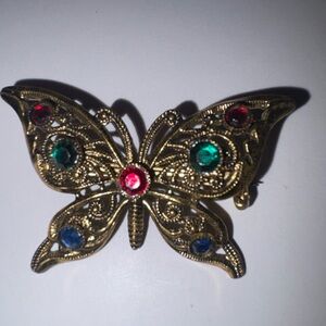 Gold Butterfly Brooch with Colorful Gems